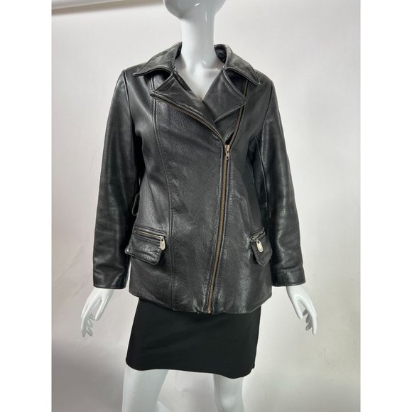 Vintage Guess Leather Jacket sz S Black Motorcycle Asymmetrical Zip Pockets Line - Picture 12 of 16